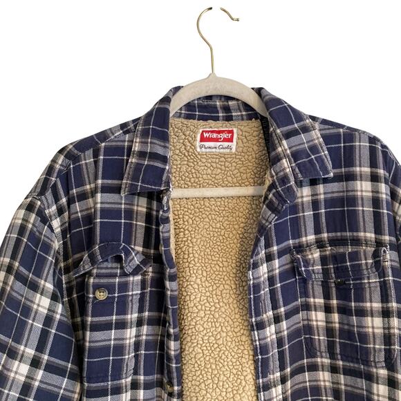 Y2K Wrangler Blue White Plaid Cotton Sherpa Lined Button Down Shacket Sz Large - Picture 5 of 16